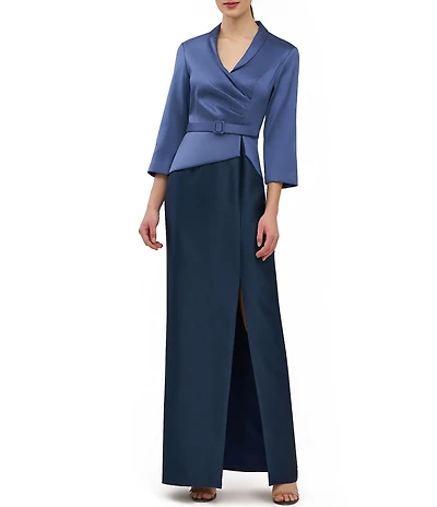 Kay Unger Annabeth V-neck 3/4 sleeve Belted Two Tone Stretch Mikado Column Gown