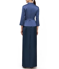 Kay Unger Annabeth V-neck 3/4 sleeve Belted Two Tone Stretch Mikado Column Gown