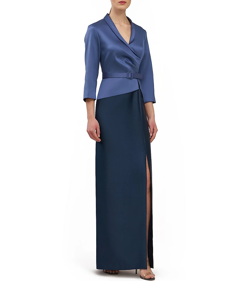 Kay Unger Annabeth V-neck 3/4 sleeve Belted Two Tone Stretch Mikado Column Gown