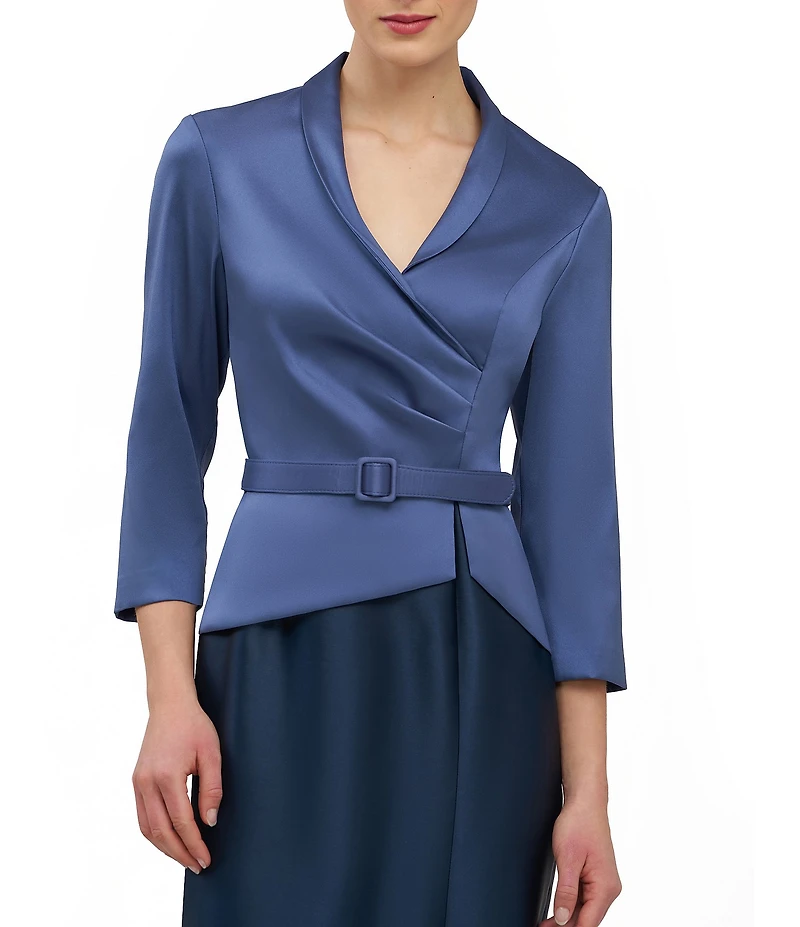 Kay Unger Annabeth V-neck 3/4 sleeve Belted Two Tone Stretch Mikado Column Gown