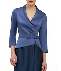 Kay Unger Annabeth V-neck 3/4 sleeve Belted Two Tone Stretch Mikado Column Gown