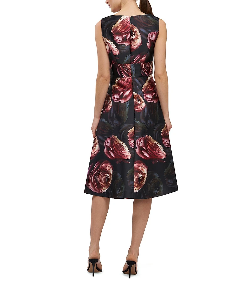 Kay Unger Antonia Mikado V-Neck Sleeveless Floral A-Line Midi Dress