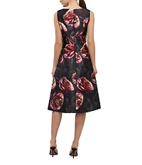 Kay Unger Antonia Mikado V-Neck Sleeveless Floral A-Line Midi Dress