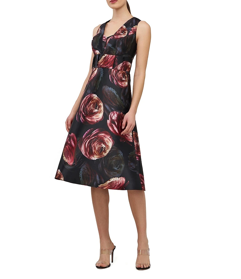 Kay Unger Antonia Mikado V-Neck Sleeveless Floral A-Line Midi Dress