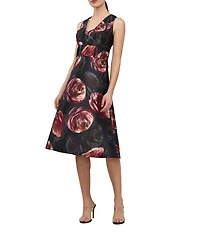 Kay Unger Antonia Mikado V-Neck Sleeveless Floral A-Line Midi Dress