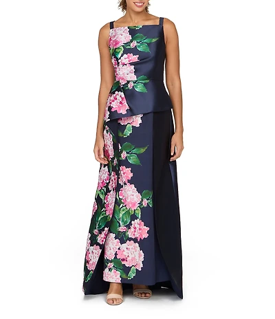 Kay Unger Blaire Mikado Hydrangea Placement Print Square Neck Sleeveless Walk Thru Sheath Gown