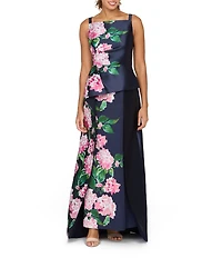 Kay Unger Blaire Mikado Hydrangea Placement Print Square Neck Sleeveless Walk Thru Sheath Gown