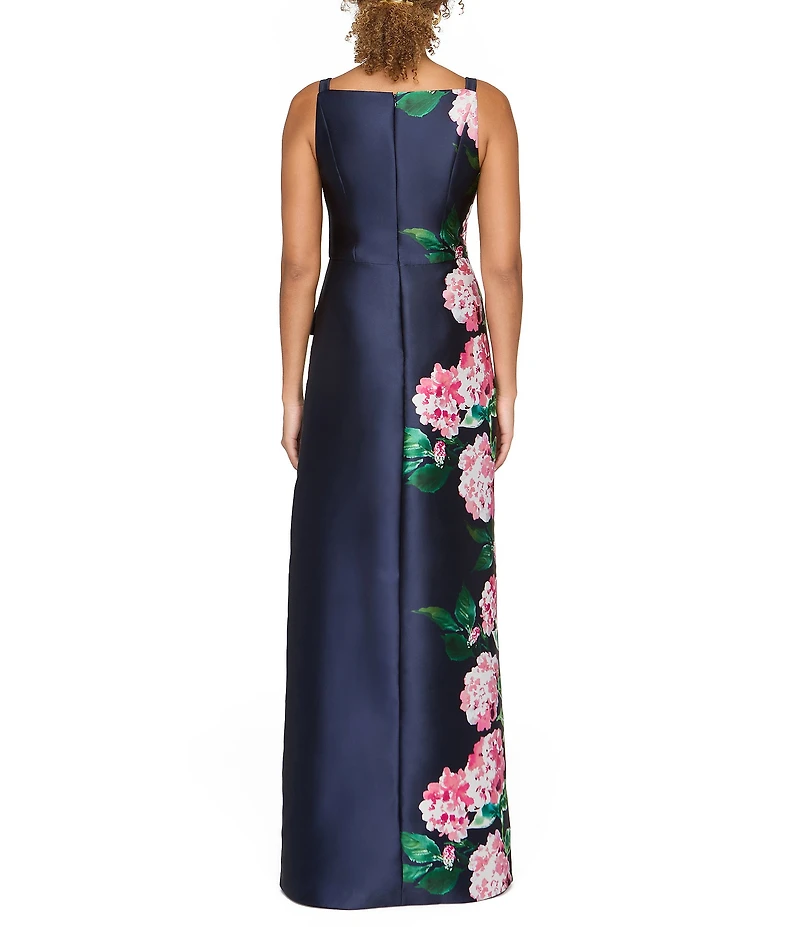 Kay Unger Blaire Mikado Hydrangea Placement Print Square Neck Sleeveless Walk Thru Sheath Gown