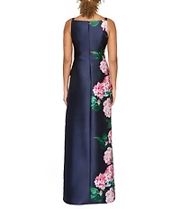 Kay Unger Blaire Mikado Hydrangea Placement Print Square Neck Sleeveless Walk Thru Sheath Gown