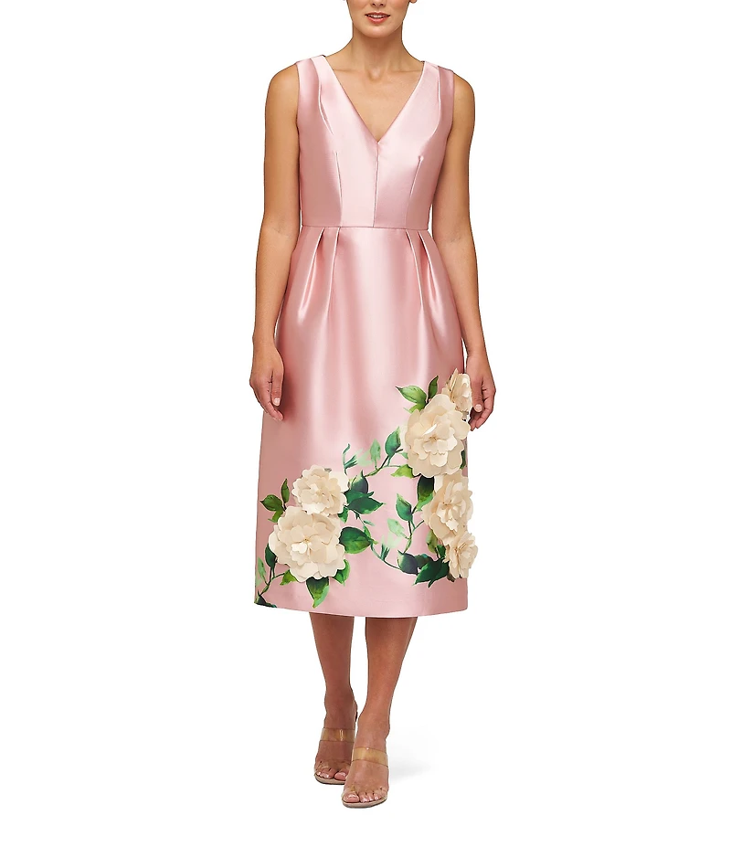 Kay Unger Briella V-Neck Sleeveless 3D Floral Applique Mikado Midi Dress