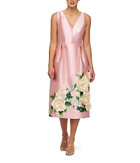 Kay Unger Briella V-Neck Sleeveless 3D Floral Applique Mikado Midi Dress