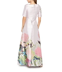 Kay Unger Coco Metallic Mikado Elbow Sleeve Floral Gown
