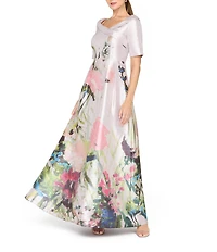 Kay Unger Coco Metallic Mikado Elbow Sleeve Floral Gown