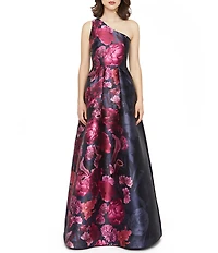 Kay Unger Dianna Autumn Bouqet One Shoulder Mikado A-Line Gown