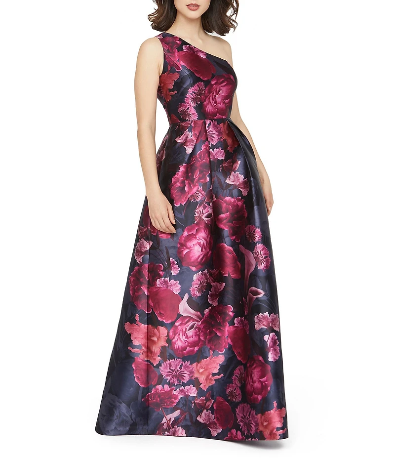 Kay Unger Dianna Autumn Bouqet One Shoulder Mikado A-Line Gown