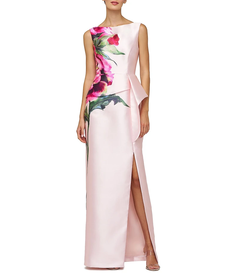 Kay Unger Eden Boat Neck Sleeveless Floral Placement Print Ruffle Peplum Mikado Column Gown