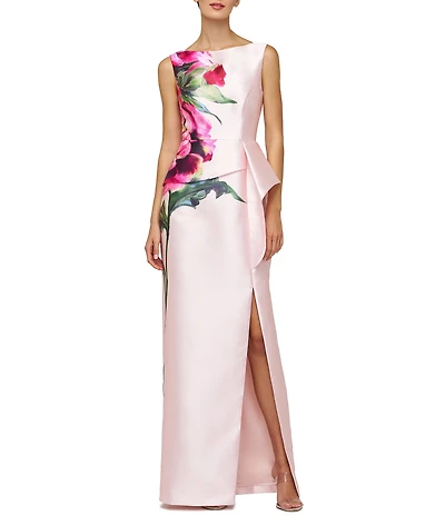 Kay Unger Eden Boat Neck Sleeveless Floral Placement Print Ruffle Peplum Mikado Column Gown