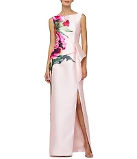 Kay Unger Eden Boat Neck Sleeveless Floral Placement Print Ruffle Peplum Mikado Column Gown