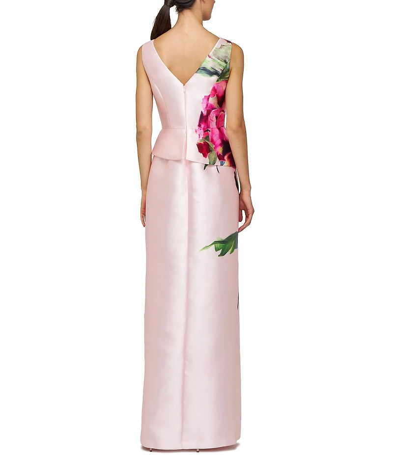 Kay Unger Eden Boat Neck Sleeveless Floral Placement Print Ruffle Peplum Mikado Column Gown