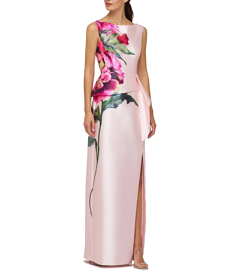 Kay Unger Eden Boat Neck Sleeveless Floral Placement Print Ruffle Peplum Mikado Column Gown