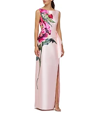 Kay Unger Eden Boat Neck Sleeveless Floral Placement Print Ruffle Peplum Mikado Column Gown