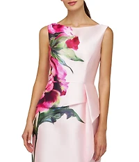 Kay Unger Eden Boat Neck Sleeveless Floral Placement Print Ruffle Peplum Mikado Column Gown