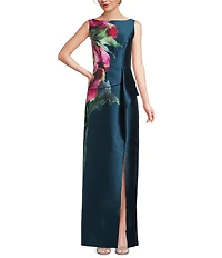 Kay Unger Eden Boat Neck Sleeveless Floral Placement Print Ruffle Peplum Mikado Column Gown