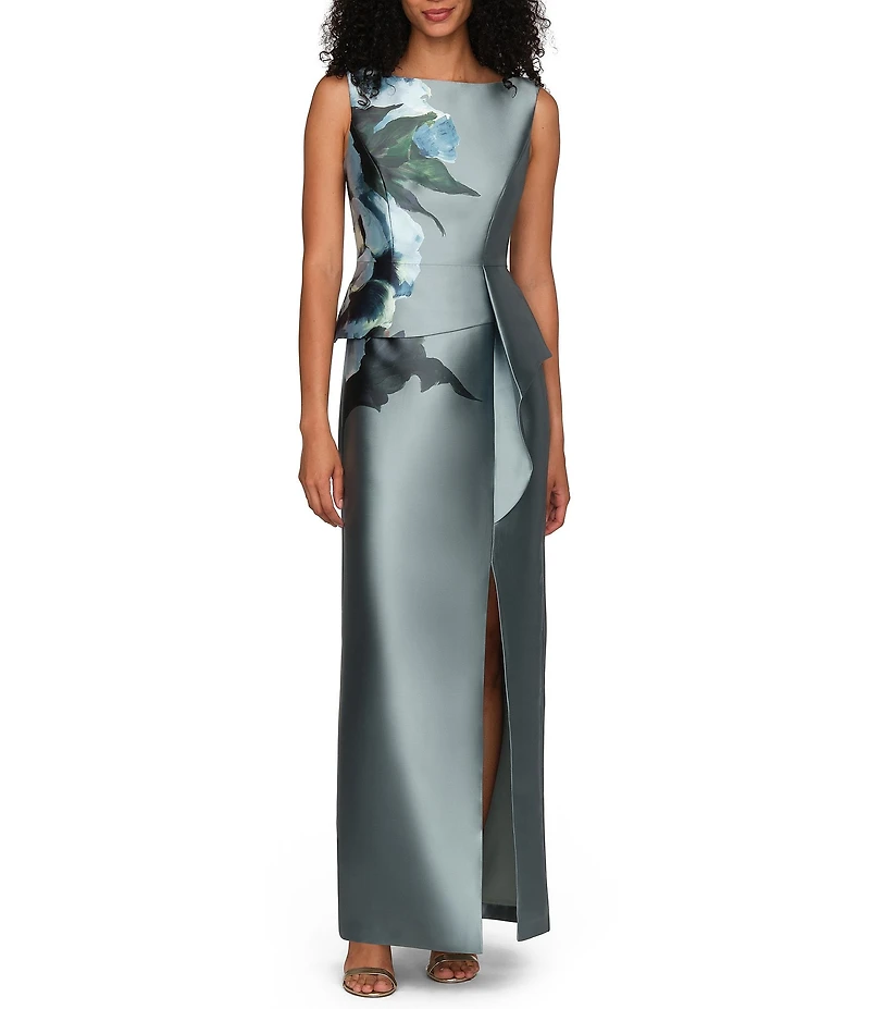 Kay Unger Eden Boat Neck Sleeveless Floral Placement Print Ruffle Peplum Mikado Column Gown