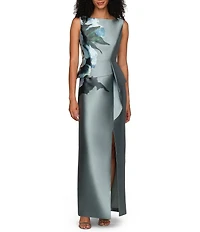 Kay Unger Eden Boat Neck Sleeveless Floral Placement Print Ruffle Peplum Mikado Column Gown