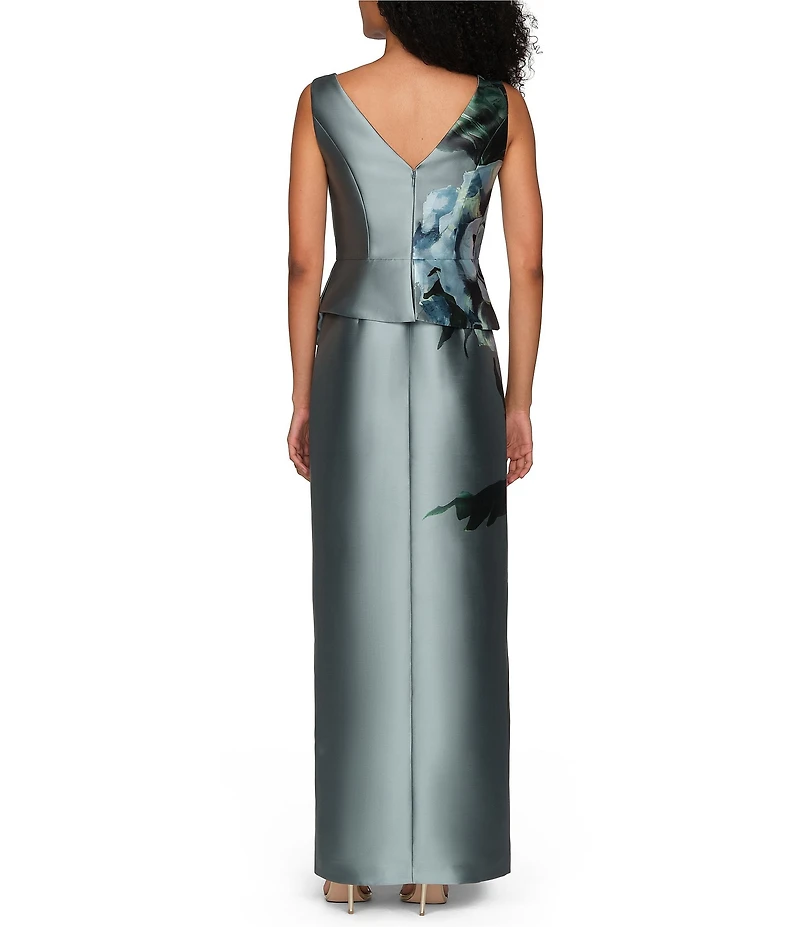 Kay Unger Eden Boat Neck Sleeveless Floral Placement Print Ruffle Peplum Mikado Column Gown