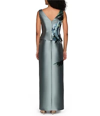 Kay Unger Eden Boat Neck Sleeveless Floral Placement Print Ruffle Peplum Mikado Column Gown