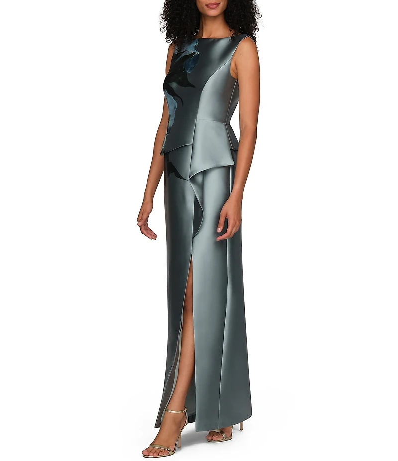 Kay Unger Eden Boat Neck Sleeveless Floral Placement Print Ruffle Peplum Mikado Column Gown