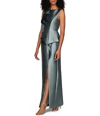 Kay Unger Eden Boat Neck Sleeveless Floral Placement Print Ruffle Peplum Mikado Column Gown
