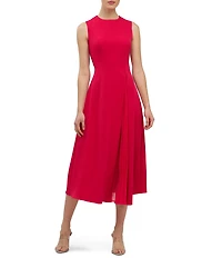 Kay Unger Elliot Stretch Crepe Asymmetric Waistline Pleated Midi Dress