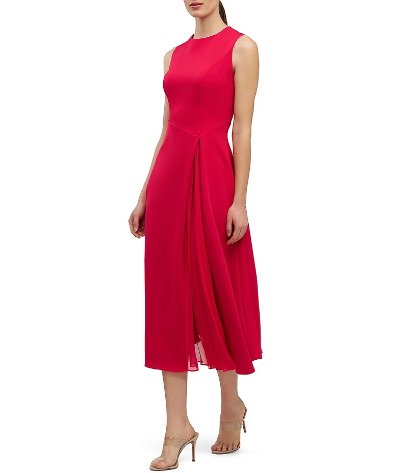 Kay Unger Elliot Stretch Crepe Asymmetric Waistline Pleated Midi Dress
