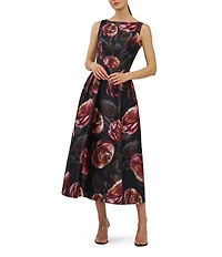 Kay Unger Elsa Printed Boat Neck Tea Length Dress