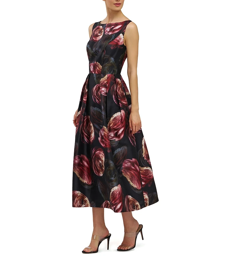 Kay Unger Elsa Printed Boat Neck Tea Length Dress