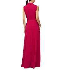 Kay Unger Felicia V-Neck Sleeveless Belted Crepe Walk Thru Gown