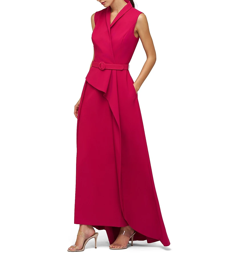 Kay Unger Felicia V-Neck Sleeveless Belted Crepe Walk Thru Gown