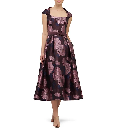 Kay Unger Floral Belted Jacquard Midi Dress