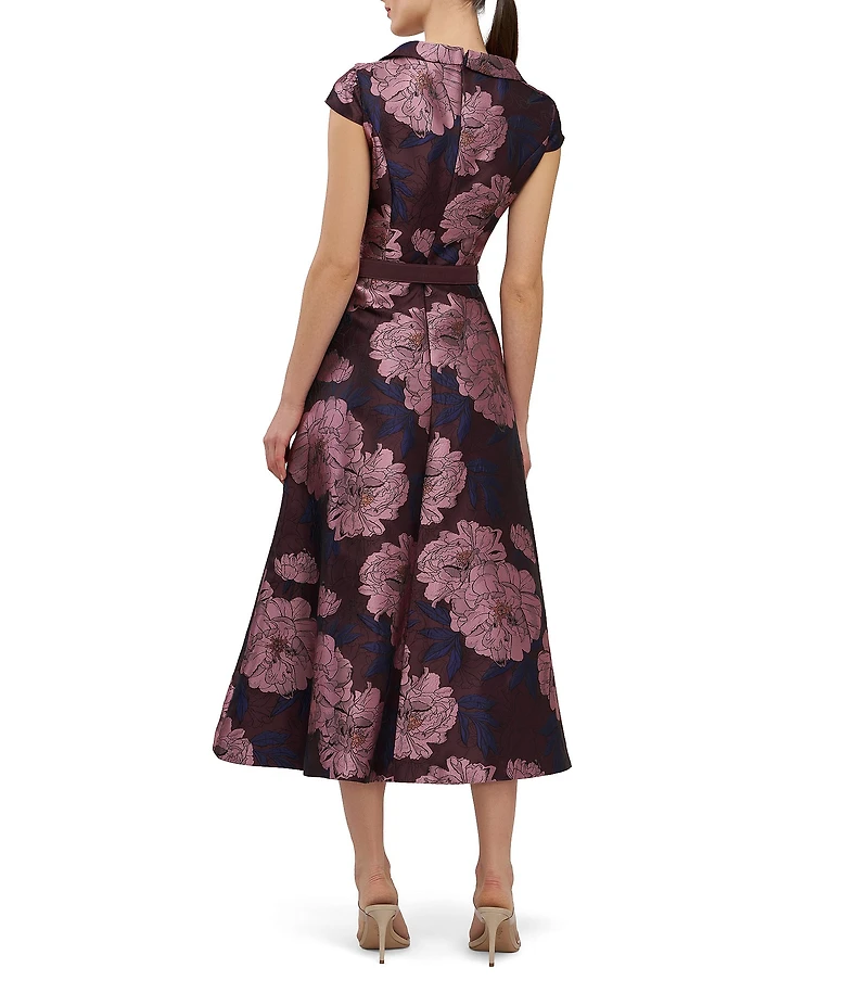 Kay Unger Floral Belted Jacquard Midi Dress