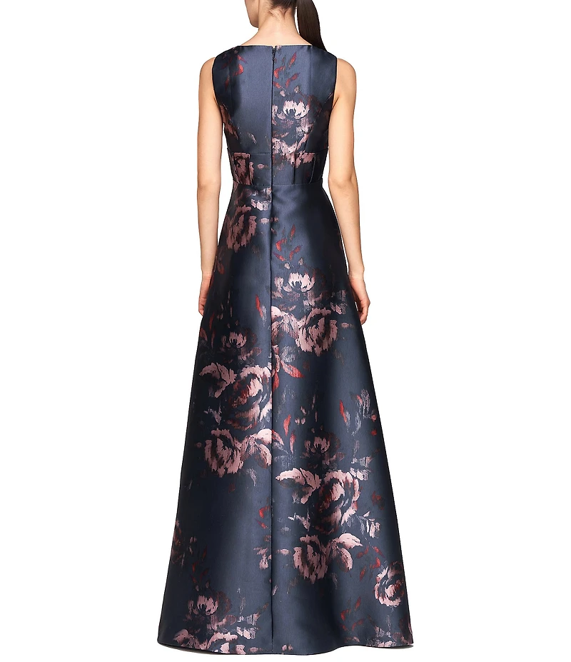Kay Unger Floral Mikado V-Neck Sleeveless Pin Tuck Side Pocket Gown