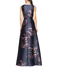 Kay Unger Floral Mikado V-Neck Sleeveless Pin Tuck Side Pocket Gown