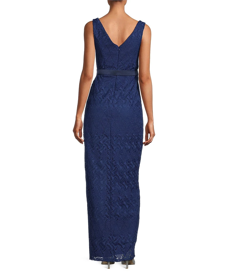 Kay Unger Geometric Lace Surplice V-Neckline Sleeveless Belted Gown