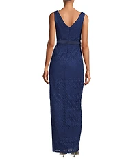 Kay Unger Geometric Lace Surplice V-Neckline Sleeveless Belted Gown