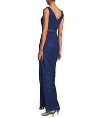 Kay Unger Geometric Lace Surplice V-Neckline Sleeveless Belted Gown