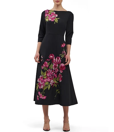 Kay Unger Greta Embroidered Floral Boat Neck Midi Flare Dress