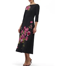 Kay Unger Greta Embroidered Floral Boat Neck Midi Flare Dress