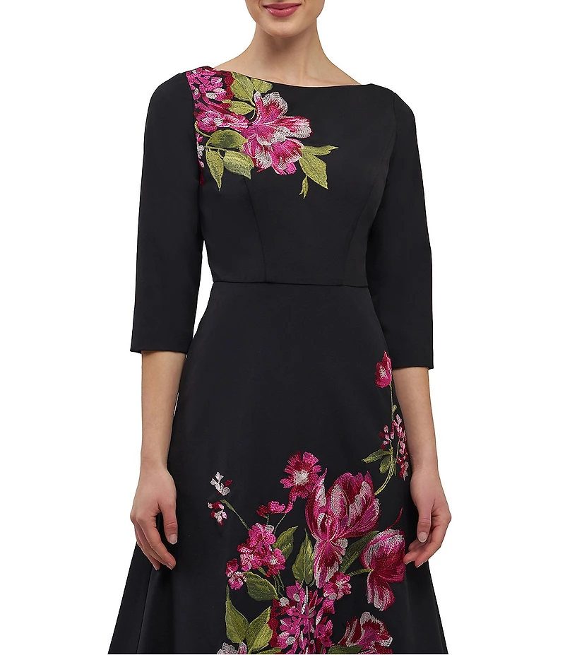 Kay Unger Greta Embroidered Floral Boat Neck Midi Flare Dress