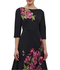 Kay Unger Greta Embroidered Floral Boat Neck Midi Flare Dress
